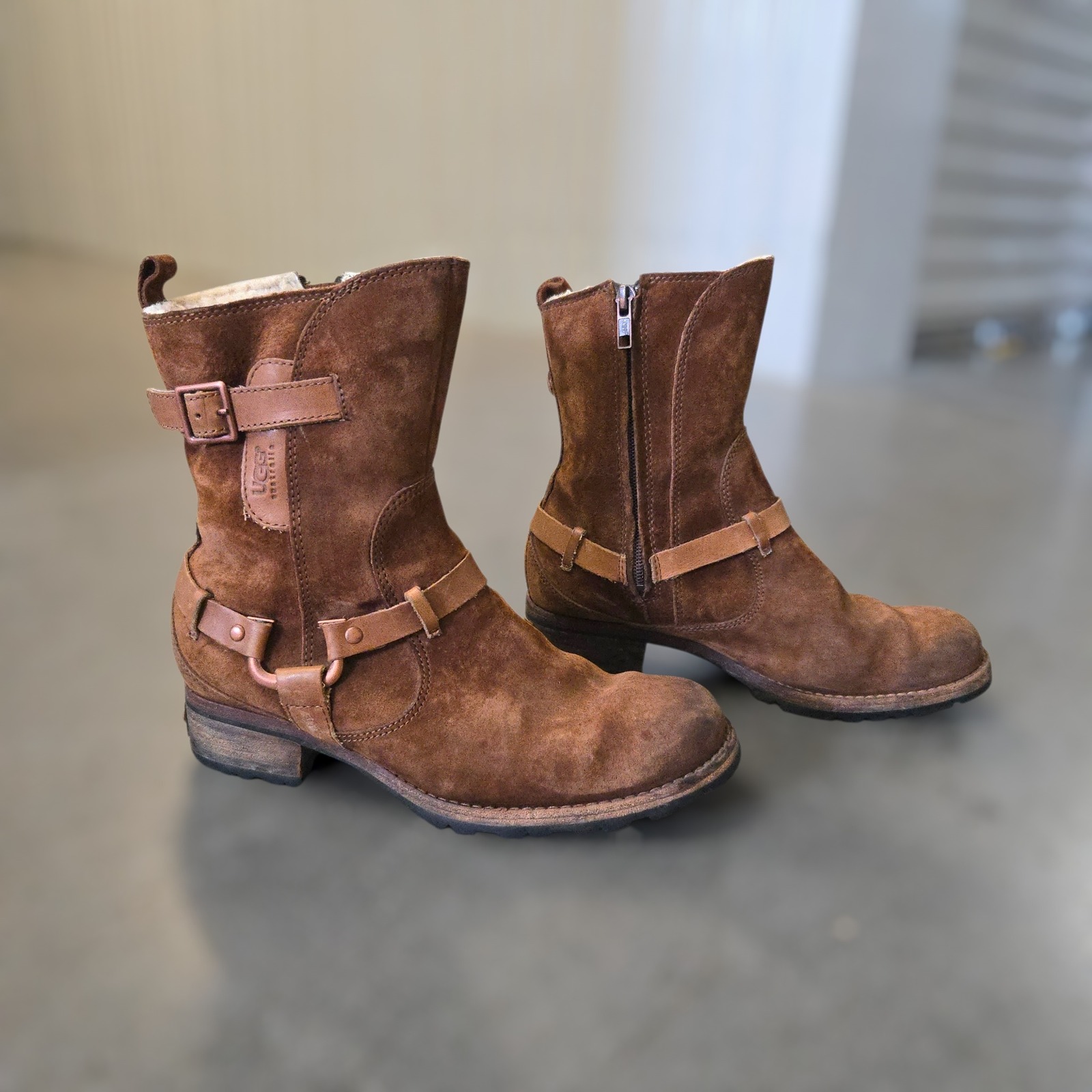 Ugg Lynnea Boots 7.5 Women Brown Suede Harness Buckle Boho Moto Winter Shearling